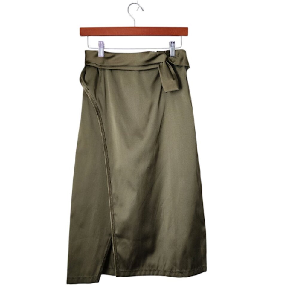 3.1 PHILLIP LIM bow wrap waist‎ midi skirt in satin olive green 2